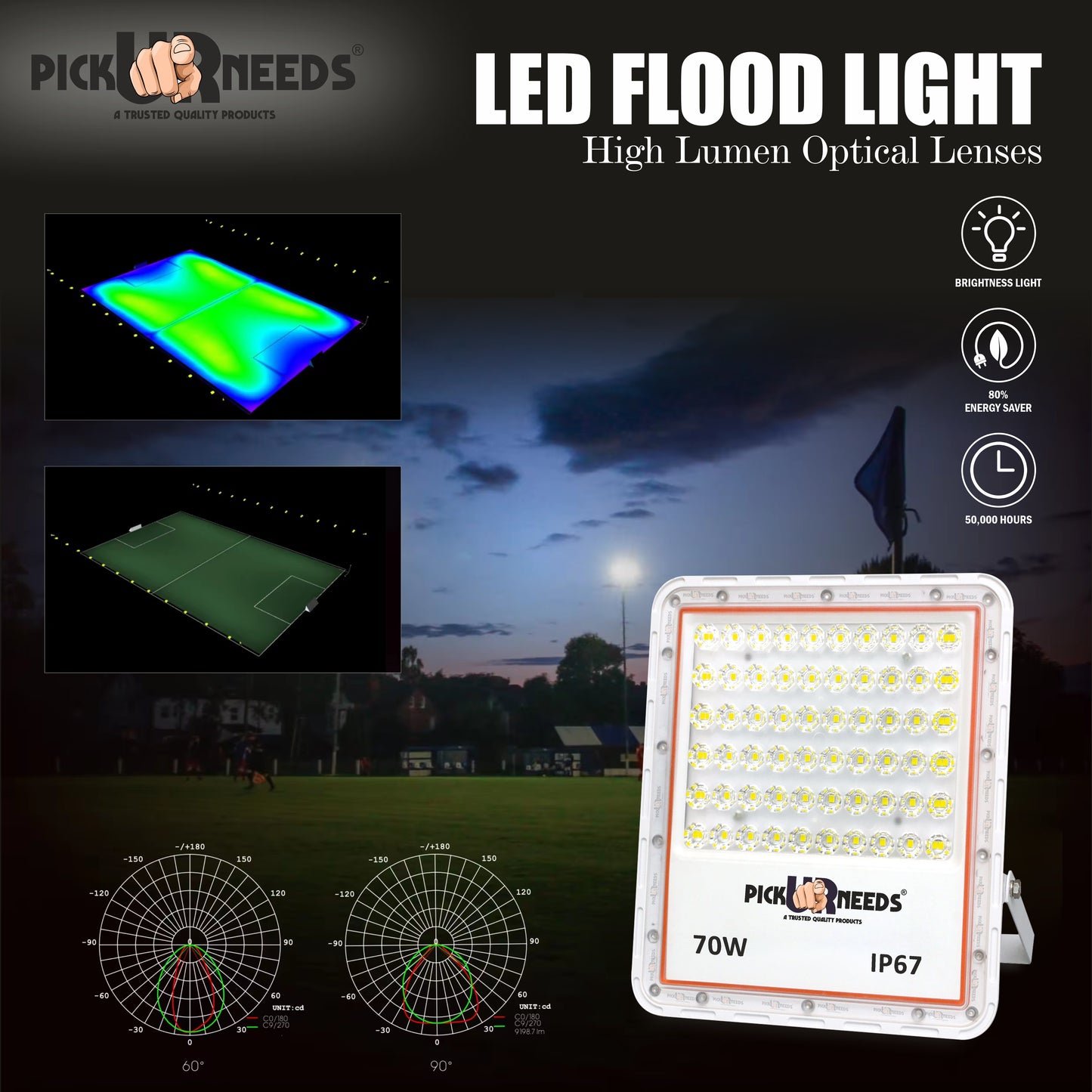 Pick Ur Needs Bright LED 70W Lens Flood Emergency Lamp Light Outdoor With Extension Bracket Flood Light Outdoor Lamp