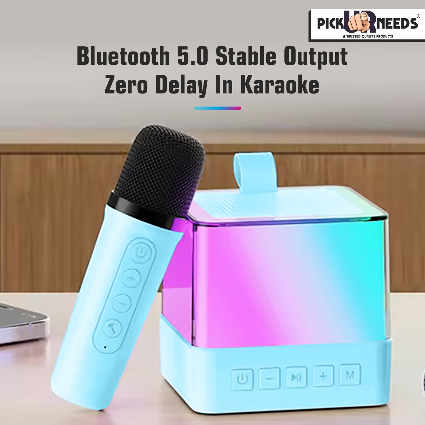 Pick Ur Needs Rechargeable Karaoke Mike 4 Type Voice RGB Light For Singing Bluetooth Speaker Microphone (Blue)