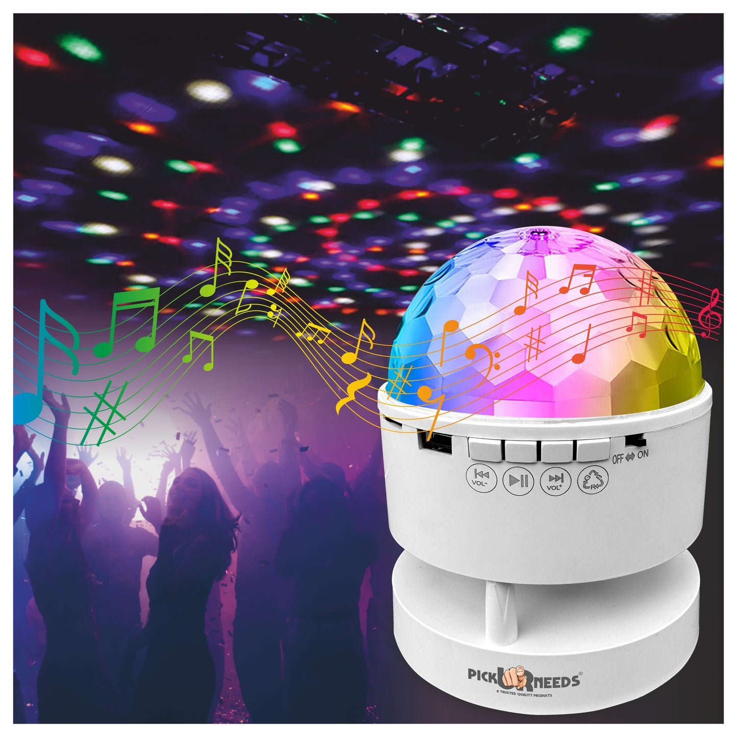 Pick Ur Needs LED Crystal Disco Night Lamp Bluetooth Music Player Speaker 7 RGB 14 Light Mode 18 W Bluetooth Party Speaker (White, 5.0 Channel)