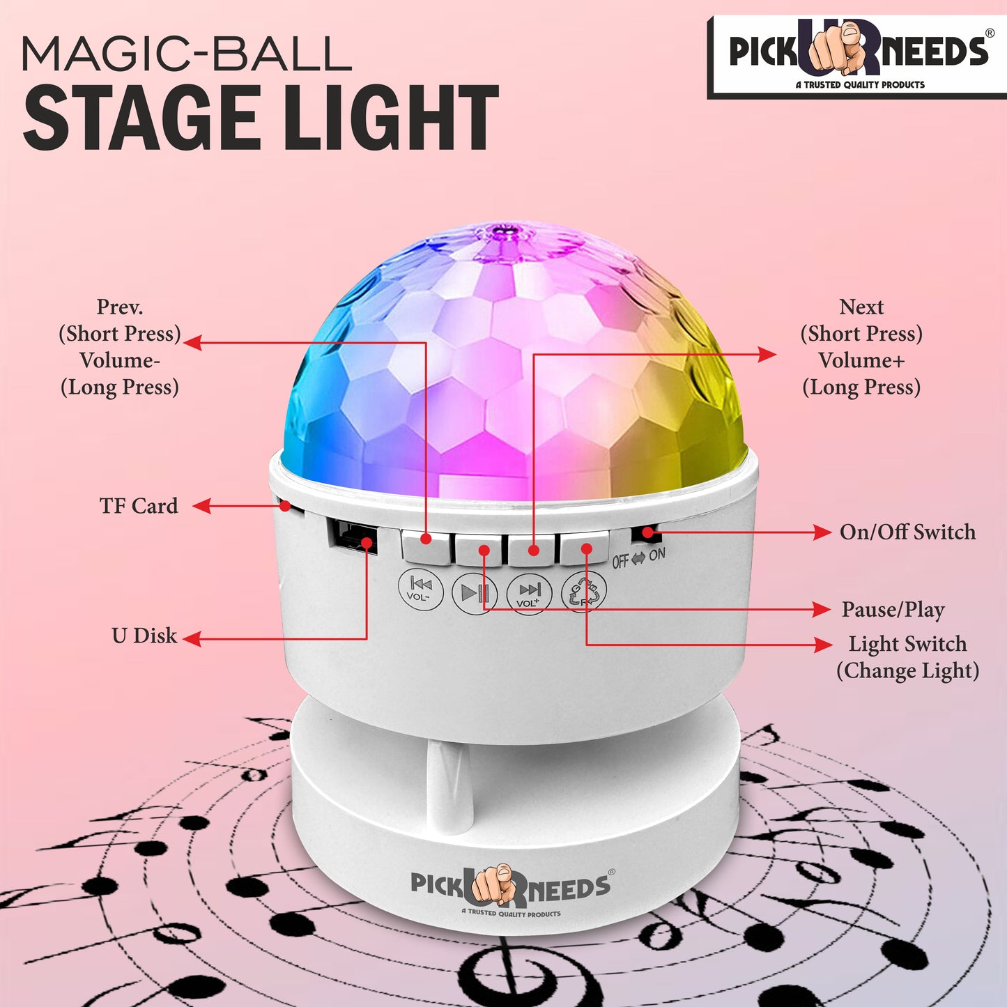 Pick Ur Needs LED Crystal Disco Night Lamp Bluetooth Music Player Speaker 7 RGB 14 Light Mode 18 W Bluetooth Party Speaker (White, 5.0 Channel)