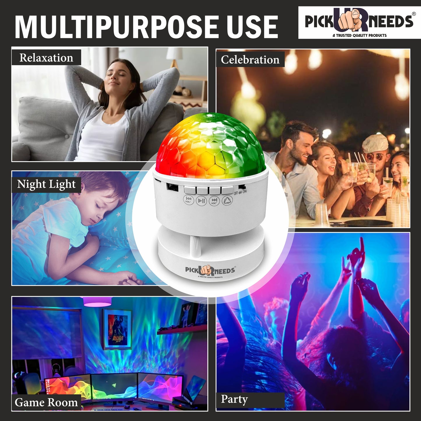Pick Ur Needs LED Crystal Disco Night Lamp Bluetooth Music Player Speaker 7 RGB 14 Light Mode 18 W Bluetooth Party Speaker (White, 5.0 Channel)