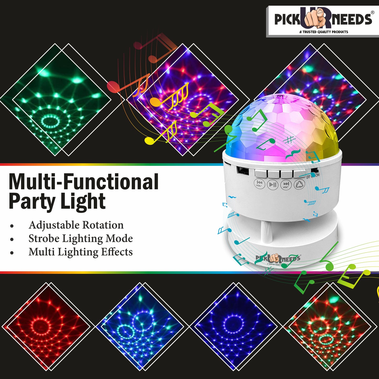 Pick Ur Needs LED Crystal Disco Night Lamp Bluetooth Music Player Speaker 7 RGB 14 Light Mode 18 W Bluetooth Party Speaker (White, 5.0 Channel)