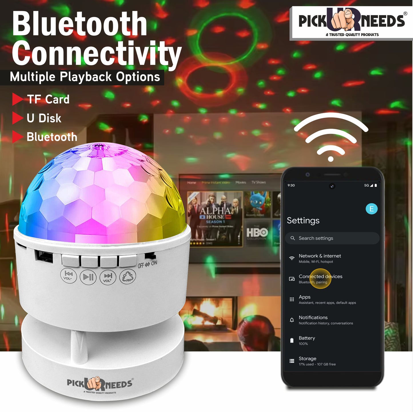 Pick Ur Needs LED Crystal Disco Night Lamp Bluetooth Music Player Speaker 7 RGB 14 Light Mode 18 W Bluetooth Party Speaker (White, 5.0 Channel)