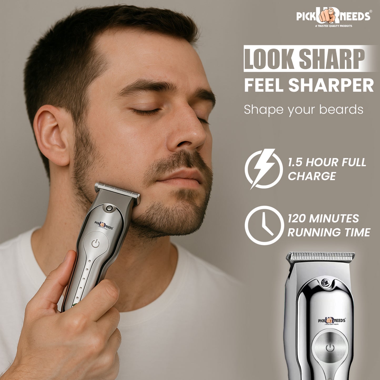 Pick Ur Needs Rechargeable Hair Grooming / Men Beard Shaver With 1200mAh Lithium Battery Trimmer 180 min Runtime 3 Length Settings (Steel)