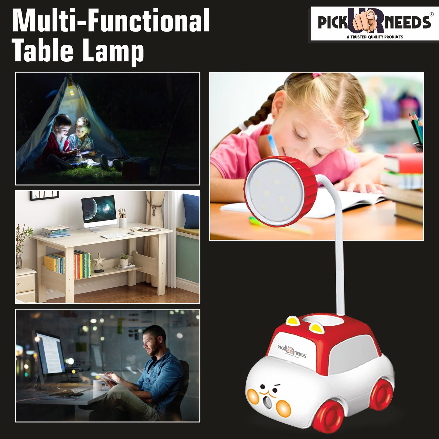 Pick Ur Needs Rechargeable 360° Foldable Toy Car Design Table Lamp With Sharpner Kids Study 3 hrs Lantern Emergency Light (Red)