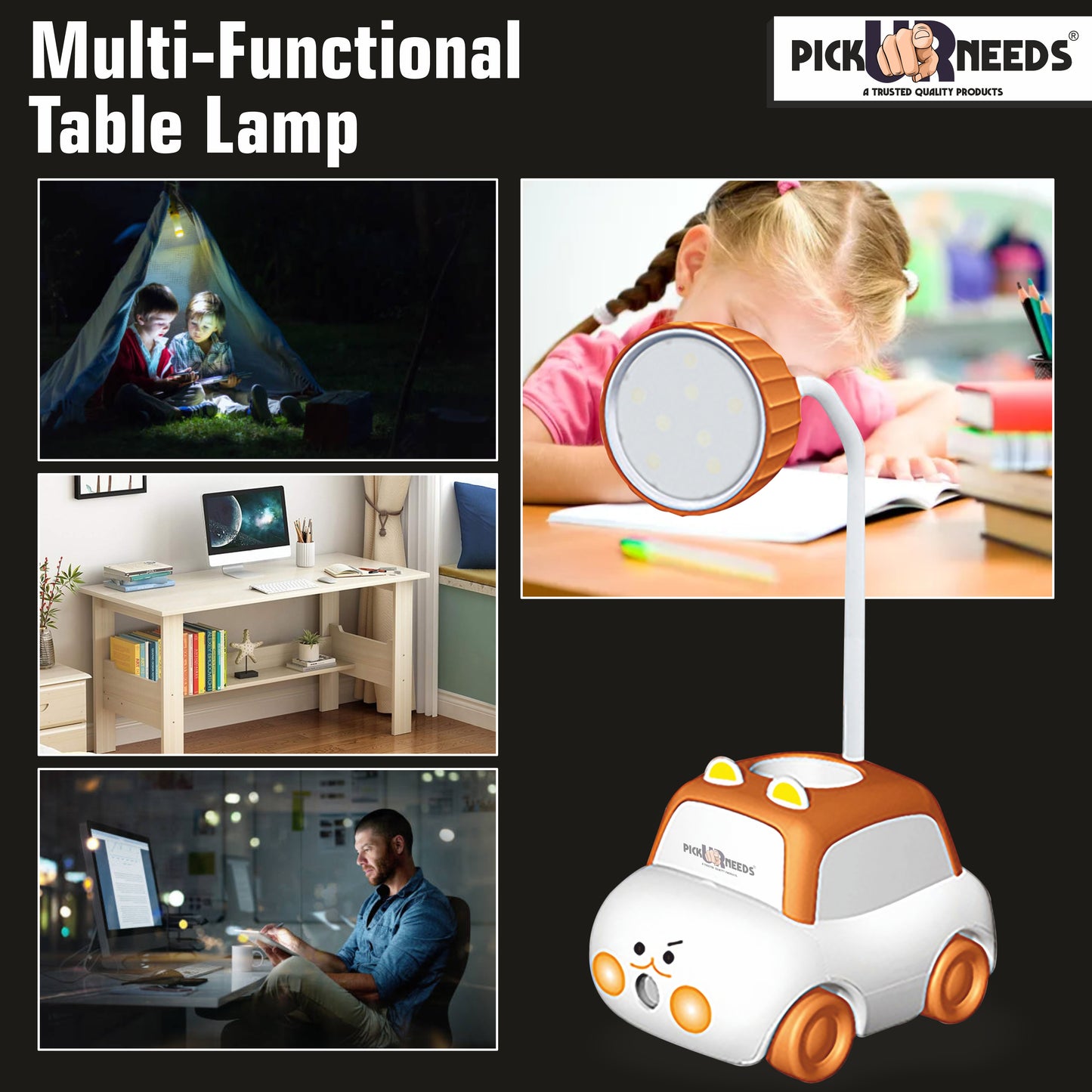 Pick Ur Needs Rechargeable 360° Foldable Toy Car Design Table Lamp With Sharpner Kids Study 3 hrs Lantern Emergency Light (Red)