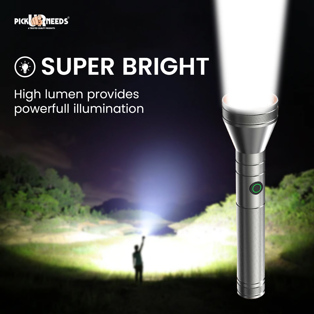Pick Ur Needs High Bright 100W Chargeable Torch Aluminum Body Type C Charging 1200mAh Battery 5 hrs Torch Emergency Light (Silver)
