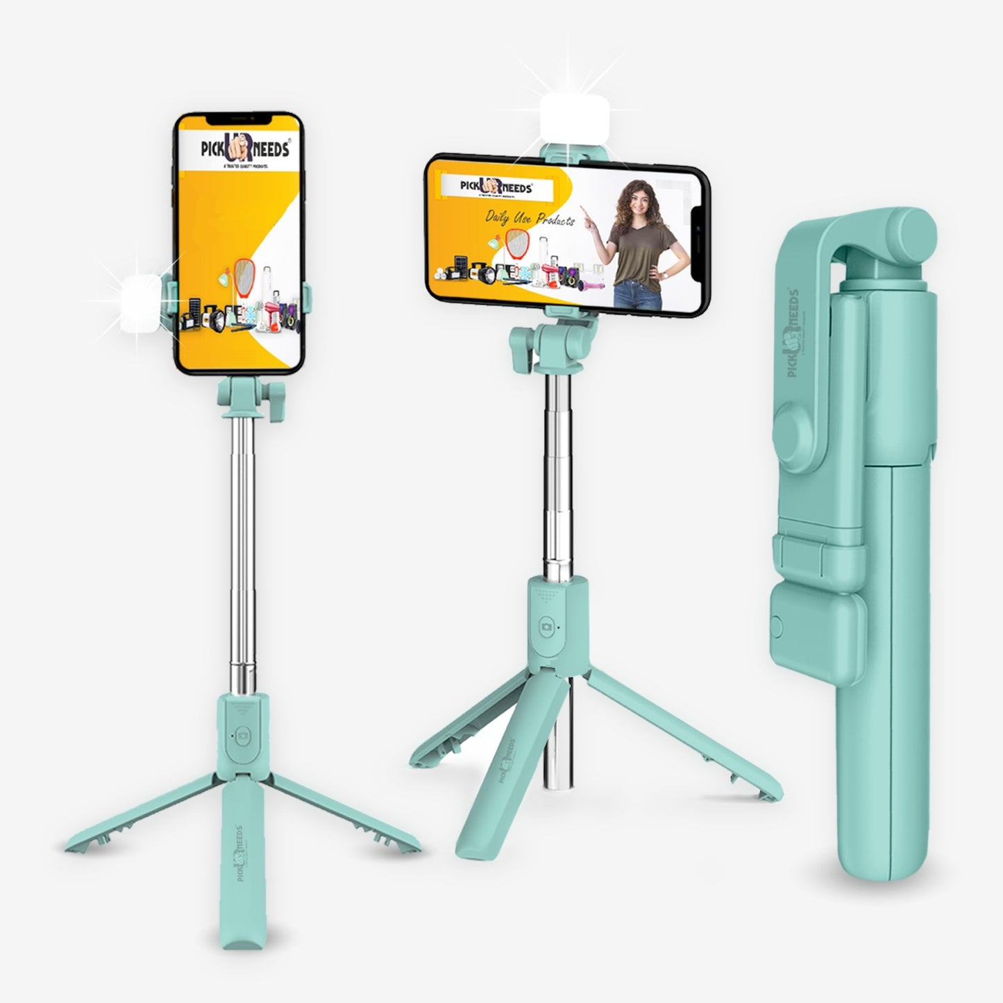 Pick Ur Needs Best Quality Flash Light Tripod with Amazing Detachable Remote Bluetooth Selfie Stick  (Blue, Remote Included)