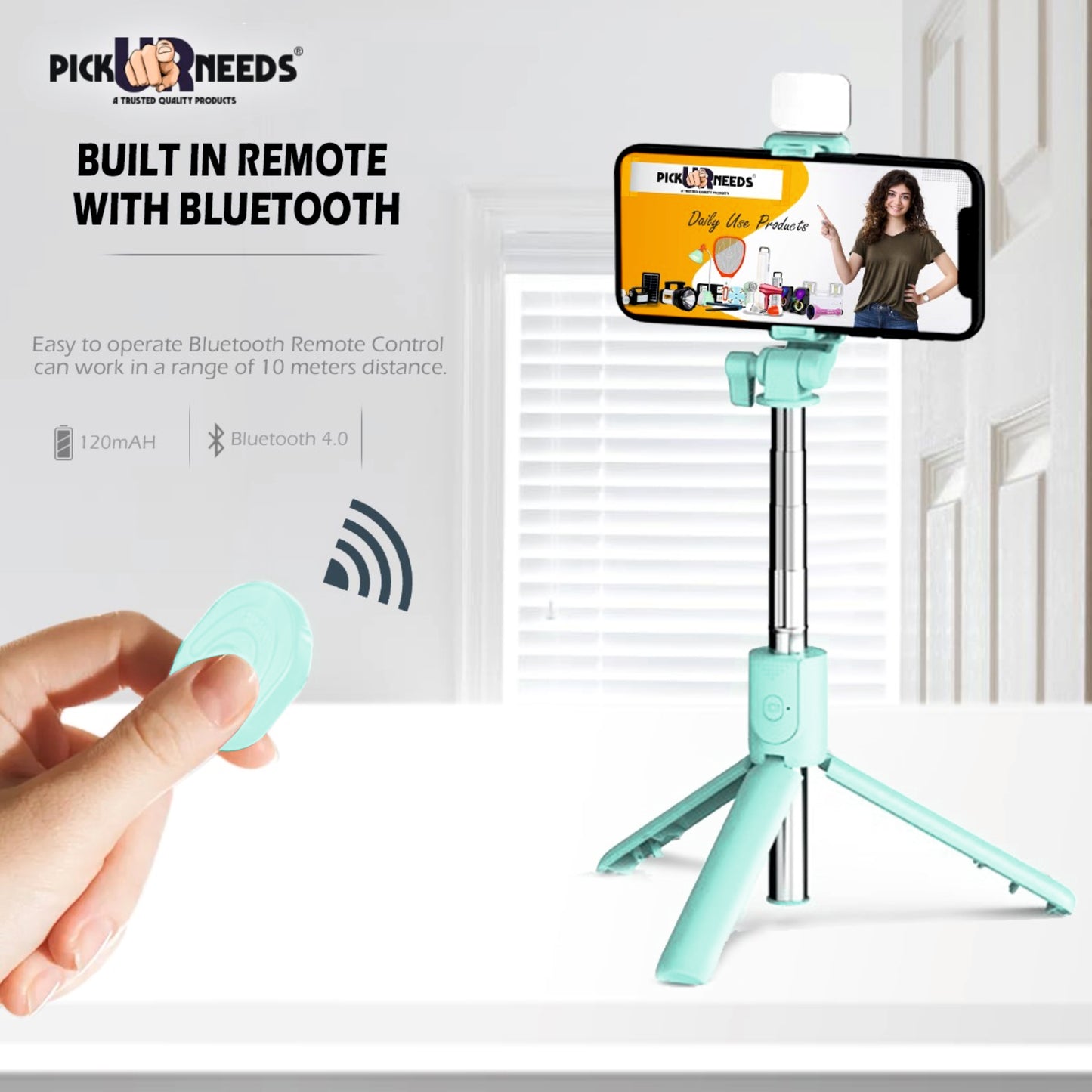 Pick Ur Needs Best Quality Flash Light Tripod with Amazing Detachable Remote Bluetooth Selfie Stick  (Blue, Remote Included)