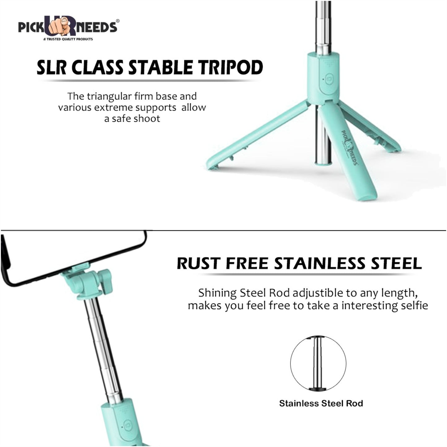 Pick Ur Needs Best Quality Flash Light Tripod with Amazing Detachable Remote Bluetooth Selfie Stick  (Blue, Remote Included)