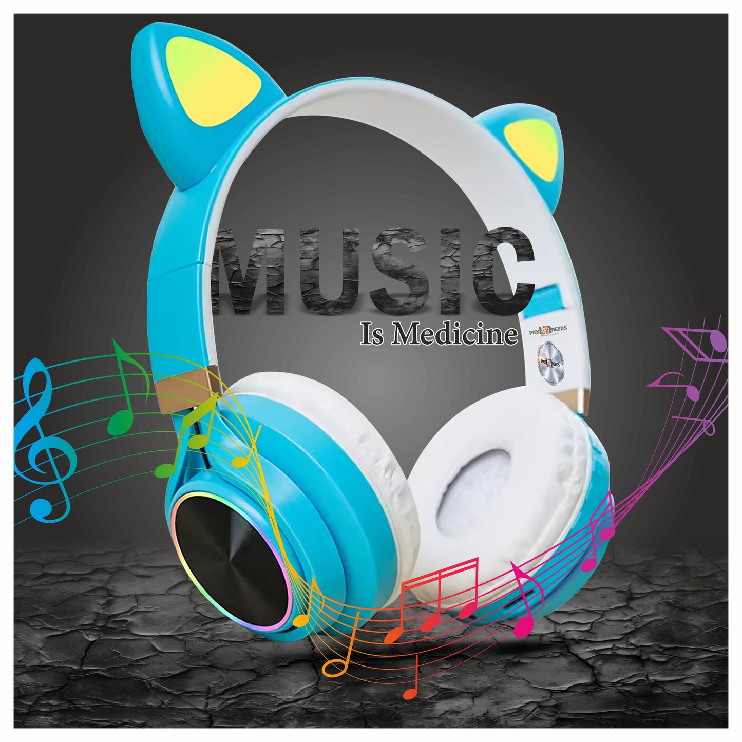 Pick Ur Needs Wireless  Cat Design Headphone With Microphone Stereo HiFi Earphones Bluetooth (Blue)