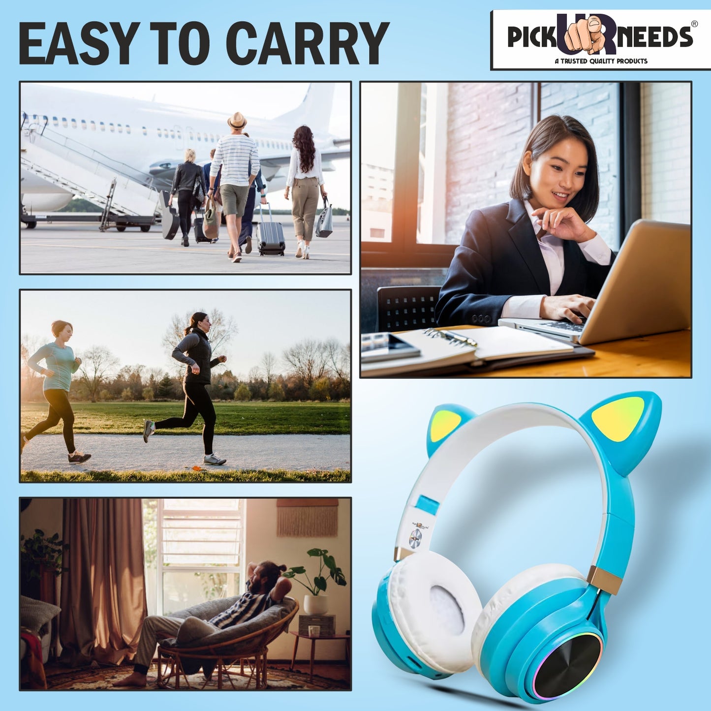 Pick Ur Needs Wireless  Cat Design Headphone With Microphone Stereo HiFi Earphones Bluetooth (Blue)