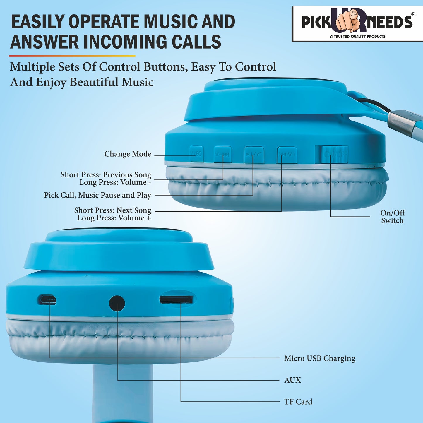 Pick Ur Needs Wireless  Cat Design Headphone With Microphone Stereo HiFi Earphones Bluetooth (Blue)