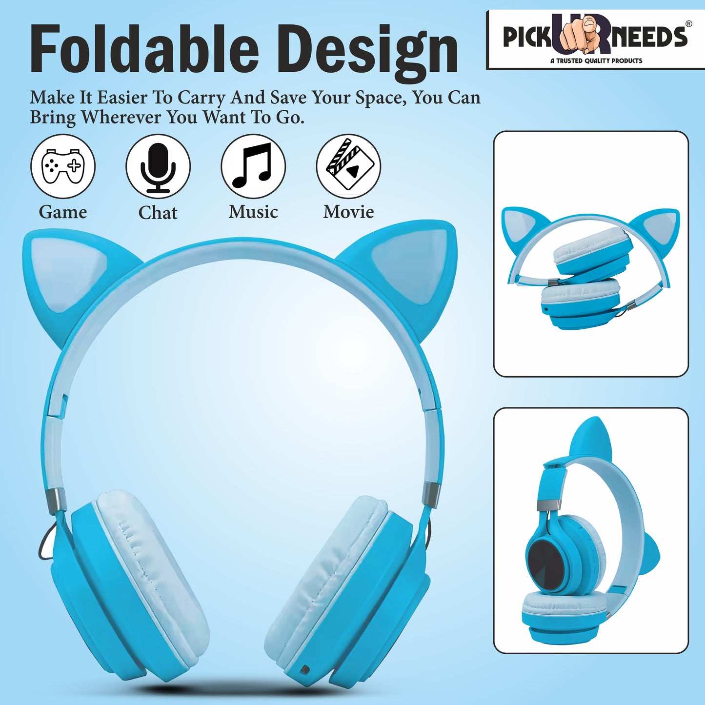 Pick Ur Needs Wireless  Cat Design Headphone With Microphone Stereo HiFi Earphones Bluetooth (Blue)