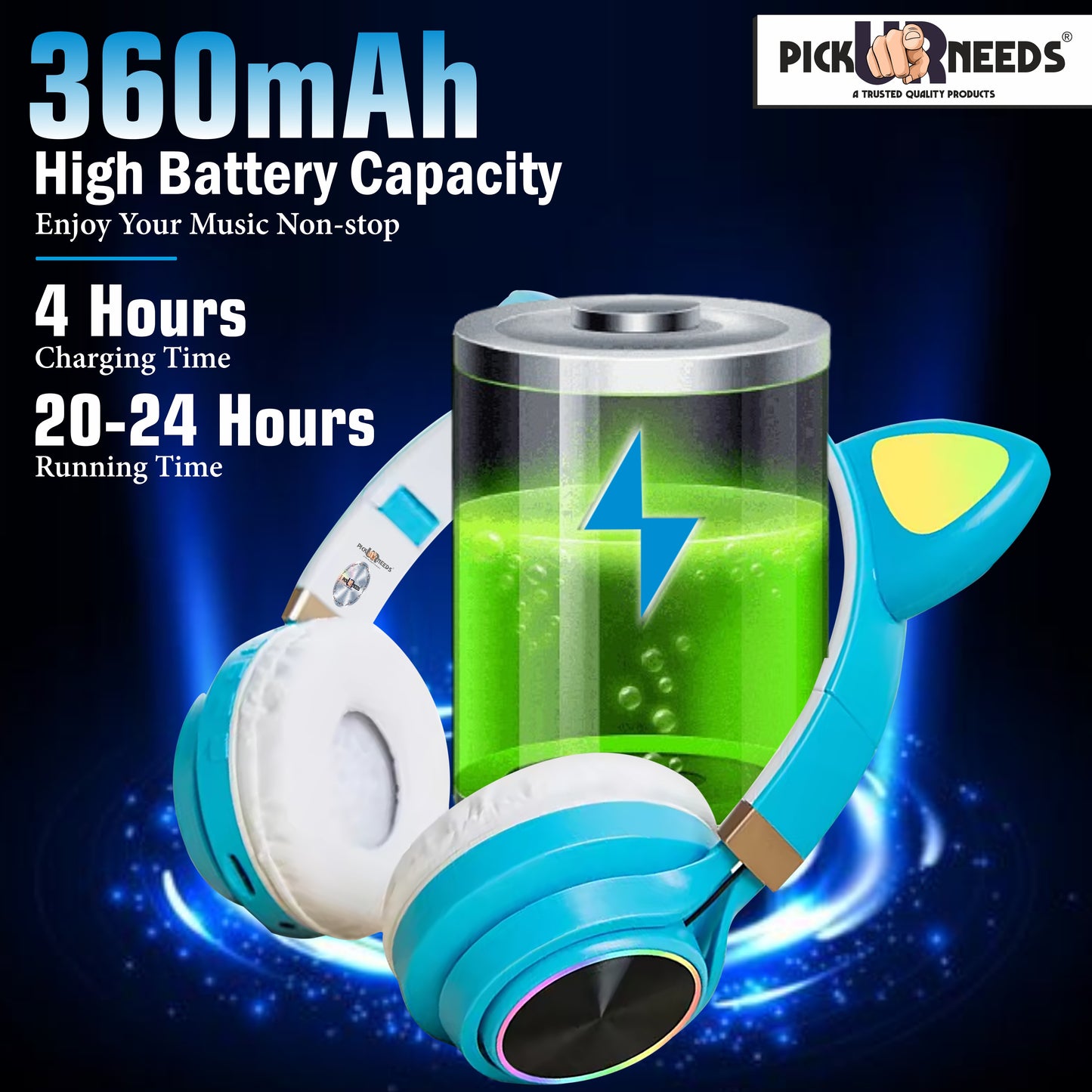 Pick Ur Needs Wireless  Cat Design Headphone With Microphone Stereo HiFi Earphones Bluetooth (Blue)