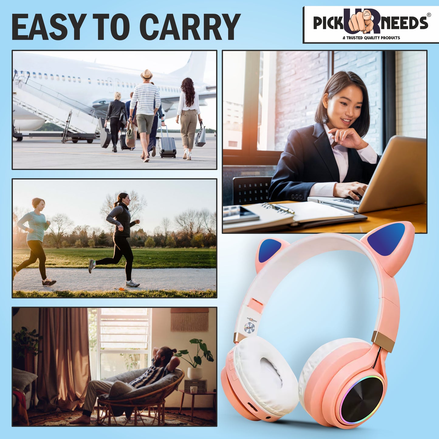 Pick Ur Needs Headphone With Microphone Wireless Bluetooth Cat Design Stereo HiFi Earphones Bluetooth (Pink)