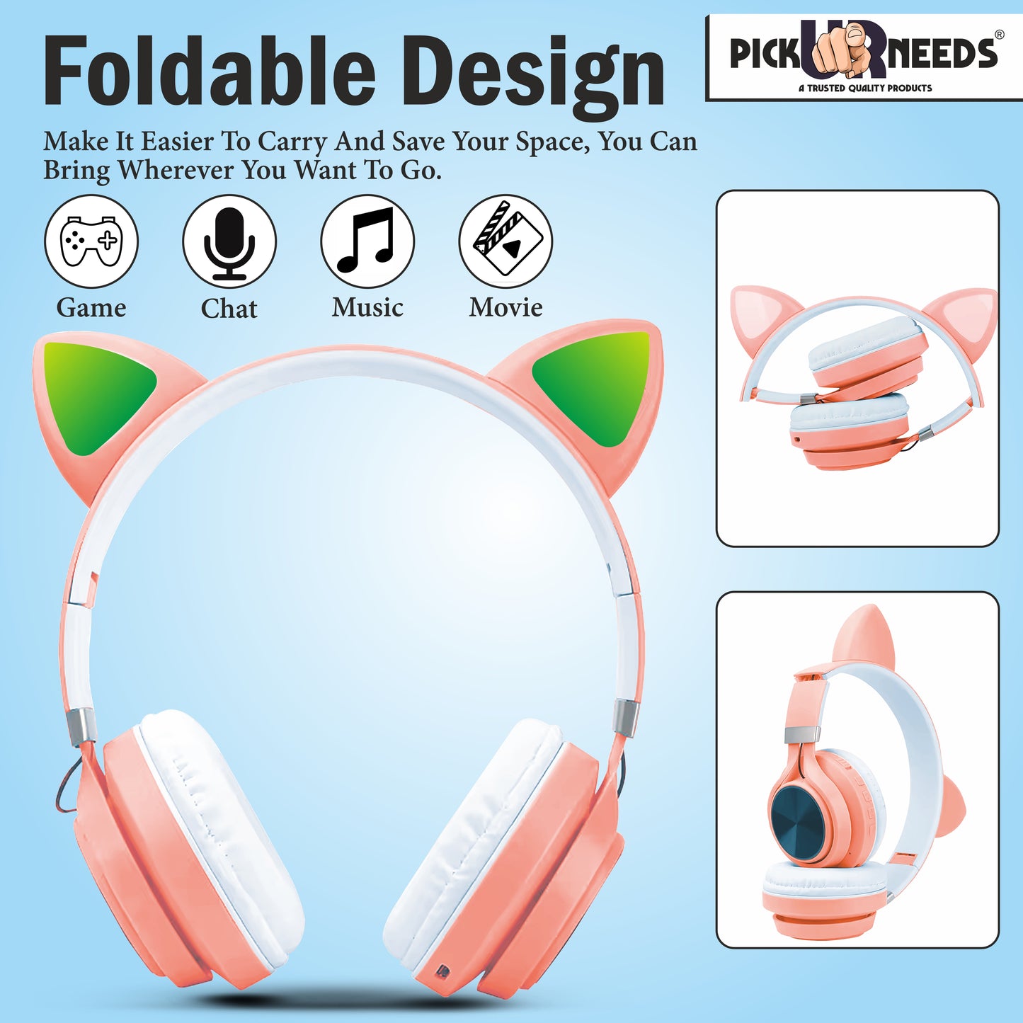 Pick Ur Needs Headphone With Microphone Wireless Bluetooth Cat Design Stereo HiFi Earphones Bluetooth (Pink)