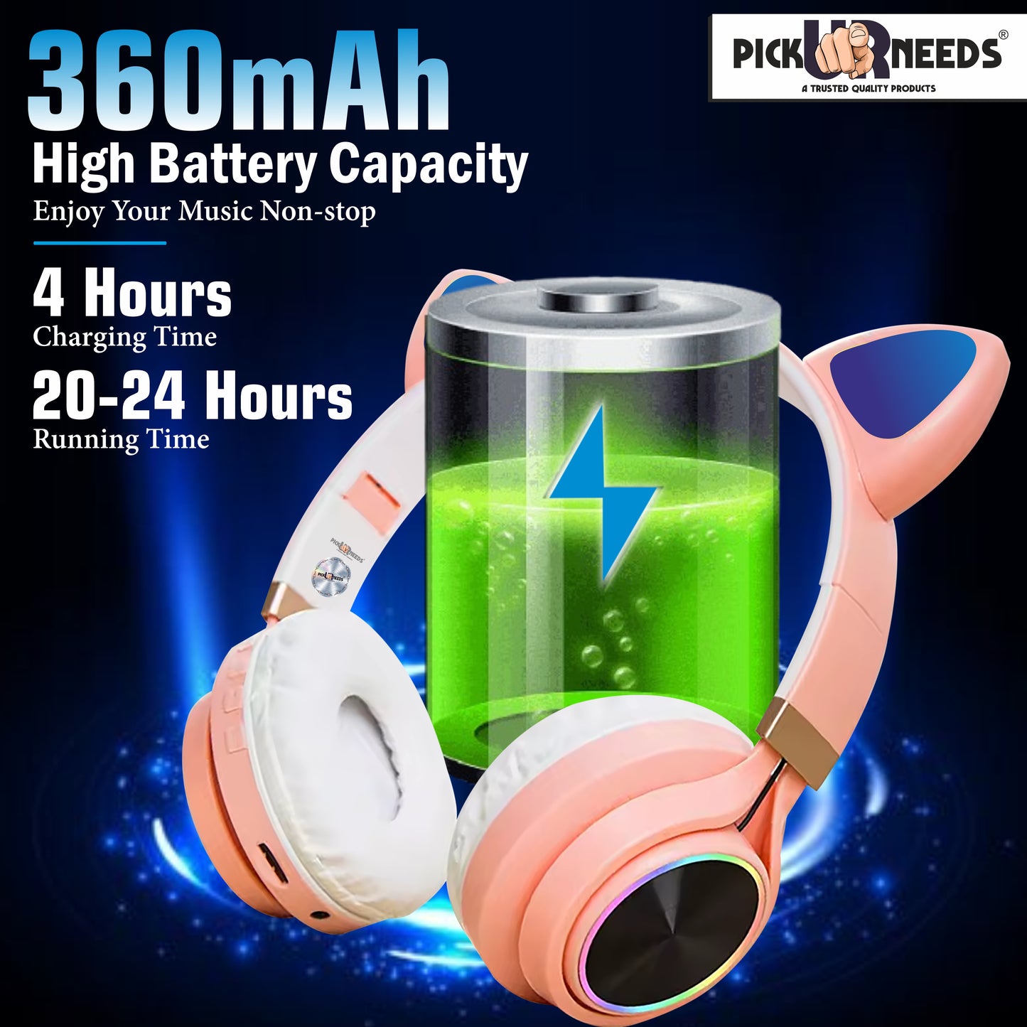 Pick Ur Needs Headphone With Microphone Wireless Bluetooth Cat Design Stereo HiFi Earphones Bluetooth (Pink)