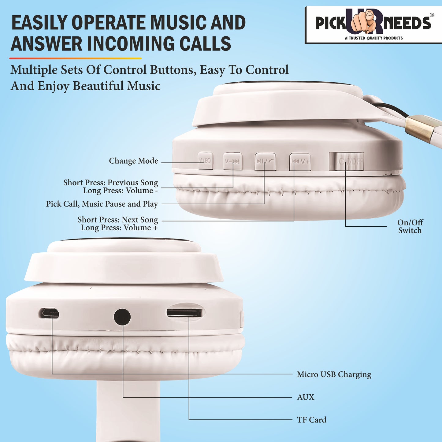 Pick Ur Needs Bluetooth Headphone With Microphone Cat Design Stereo HiFi Earphones Wireless (White)