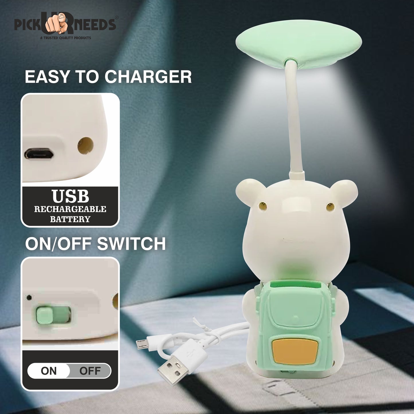 Pick Ur Needs Cute Bear Rechargeable Study Table LED Desk Lamp Light Pencil Sharpening