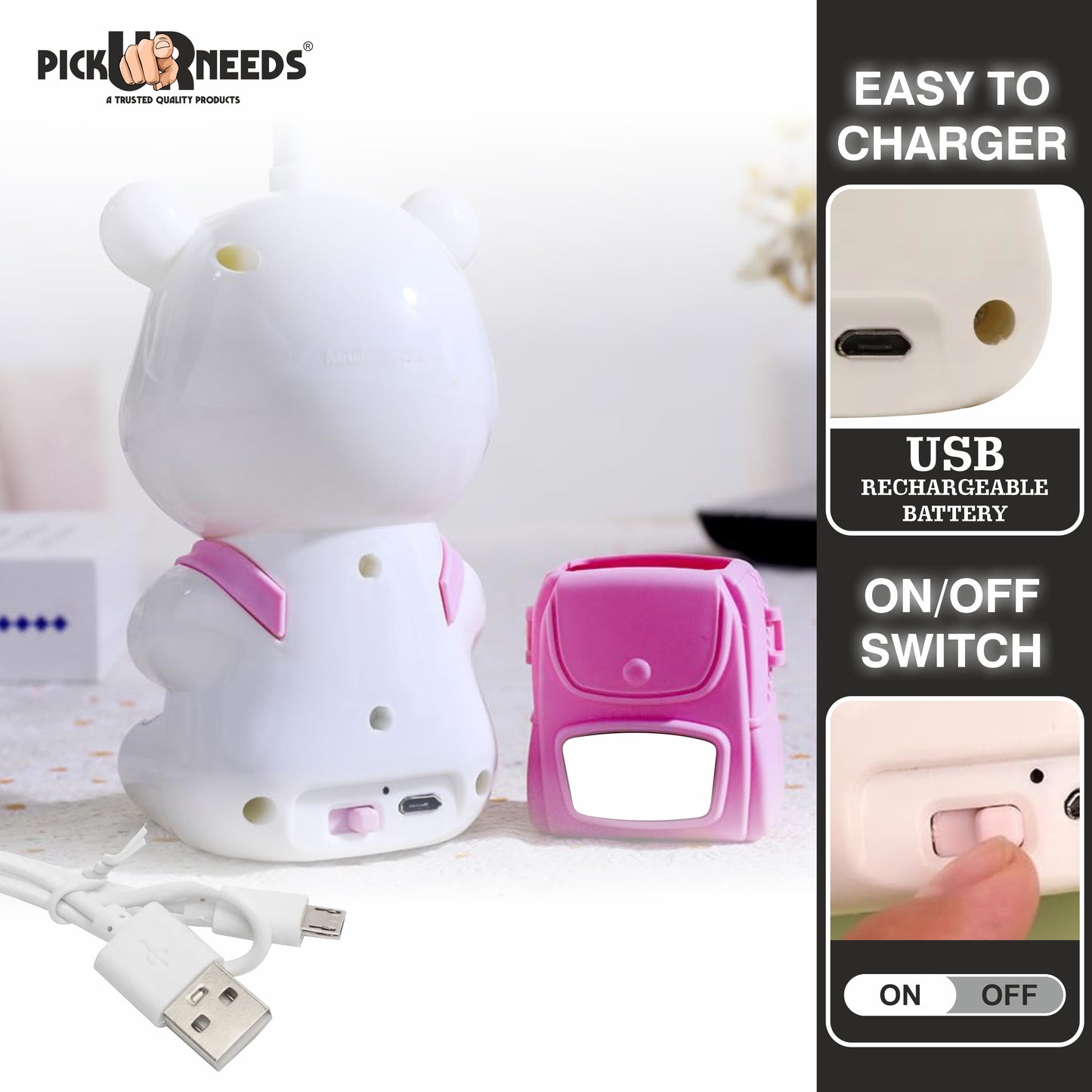 Pick Ur Needs Cute Bear Rechargeable Study Table LED Desk Lamp Light Pencil Sharpening