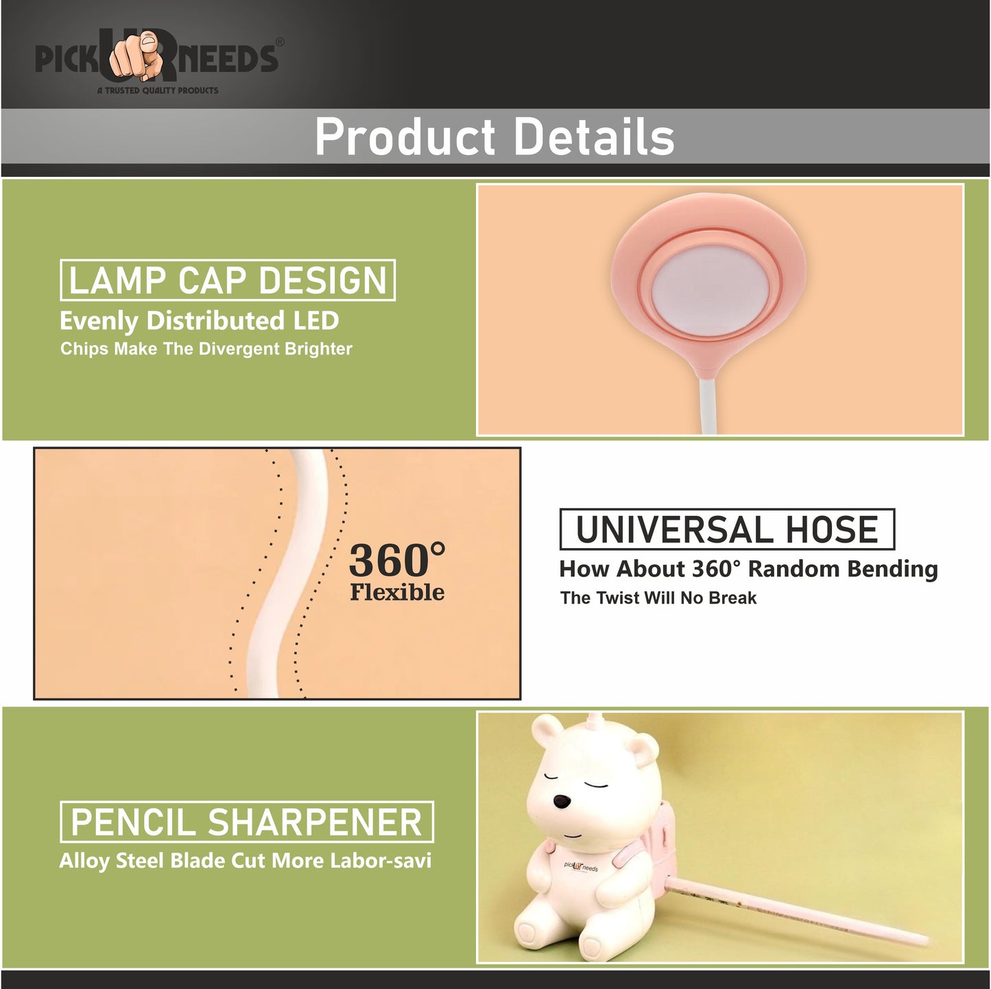 Pick Ur Needs Cute Bear Rechargeable Study Table LED Desk Lamp Light Pencil Sharpening