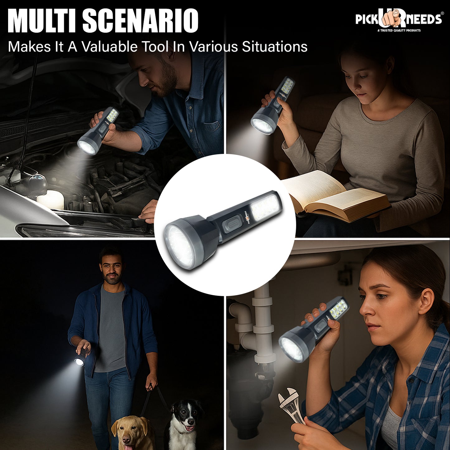 Pick Ur Needs Rechargeable Torch Search Light 30W + 8 High Big SMD Side Light 800 mAh Battery 3 hrs Torch Emergency Light (Black)