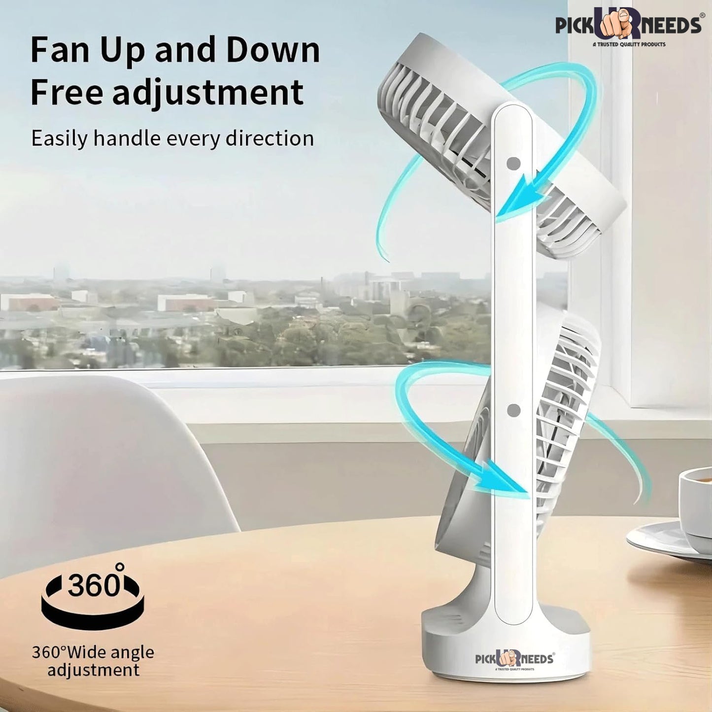 Pick Ur Needs Desk Table Fan Rechargeable Electric Dual Head with Powerful Airflow for Office 4000mAh Battery 3 Speed Mode