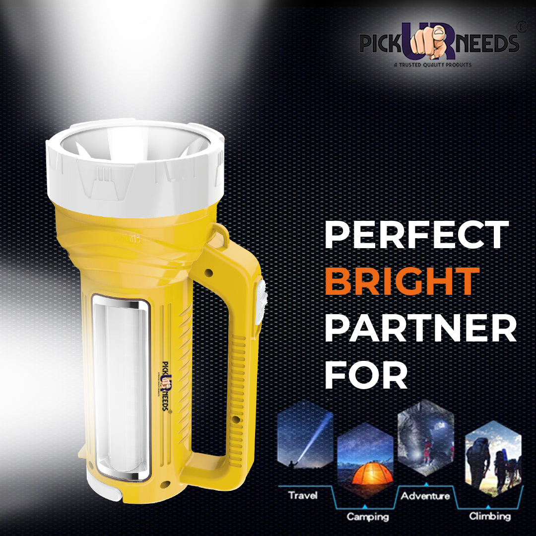 Pick Ur Needs Rechargeable Long Range LED Searchlight 100W + Side Tube 8 hrs Torch Emergency Light (Yellow)
