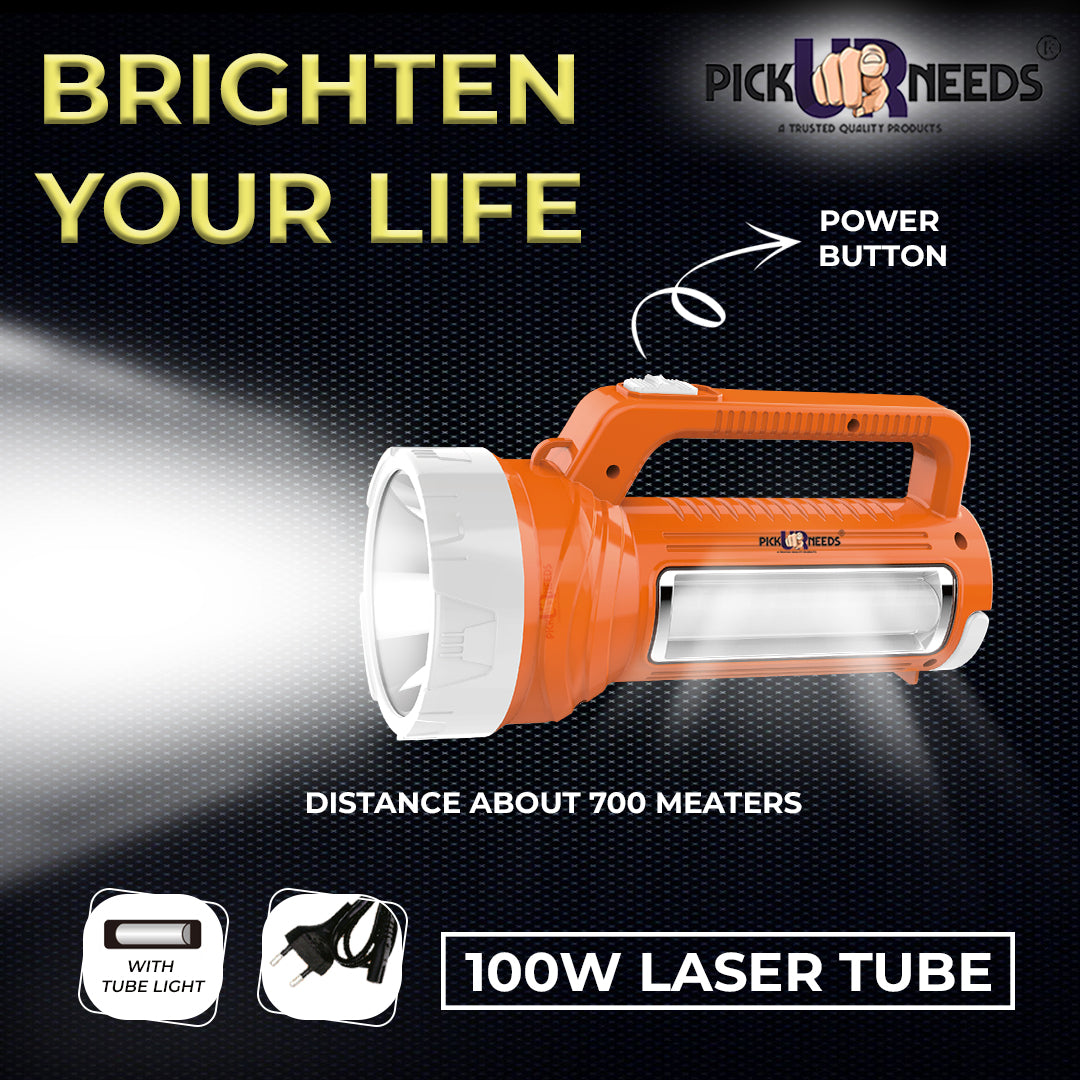Pick Ur Needs Rechargeable Long Range LED Searchlight 100W + Side Tube 8 hrs Torch Emergency Light (Yellow)