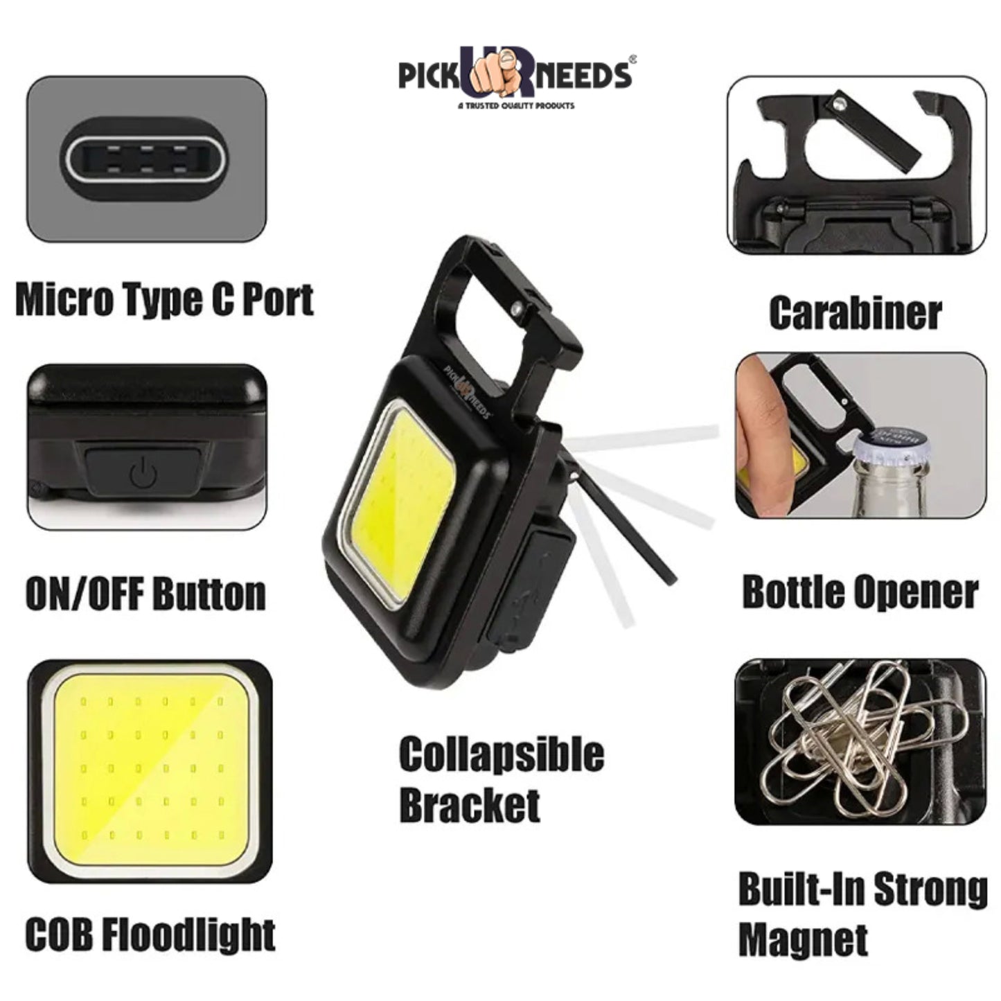 Pick Ur Needs Chargeable Mini Pocket Keychain LED 2 Mode Light Keychain For Bike / Home / Car 3 hrs Torch Emergency Light (Black) Pack of 2