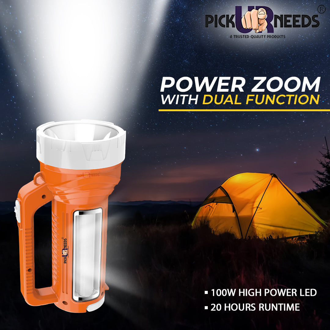 Pick Ur Needs Rechargeable Long Range LED Searchlight 100W + Side Tube 8 hrs Torch Emergency Light (Yellow)
