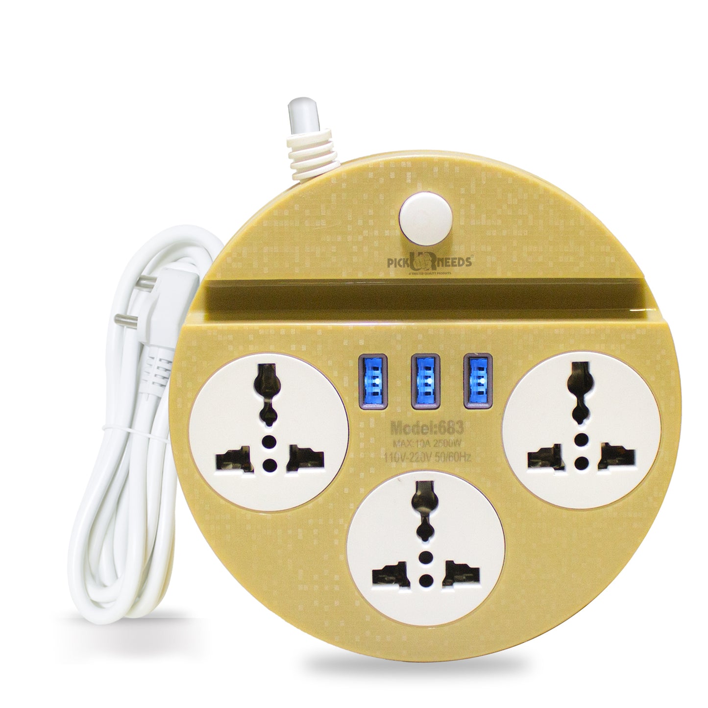 Pick Ur Needs Extension Cord Board with 3 USB Charging Ports and 3 Socket -10 Amp Heavy Duty for Multiple Devices Smartphone Tablet Laptop