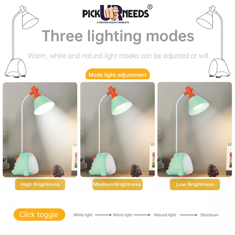 Pick Ur Needs Rechargeable LED Desk Lamp, Touch Dimmer Dinosaur Study Table Lamp with USB Charging