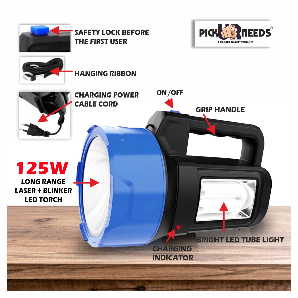 Pick Ur Needs Rechargeable Long Range Light 125W Searchlight with Blinker + Side Light Torch