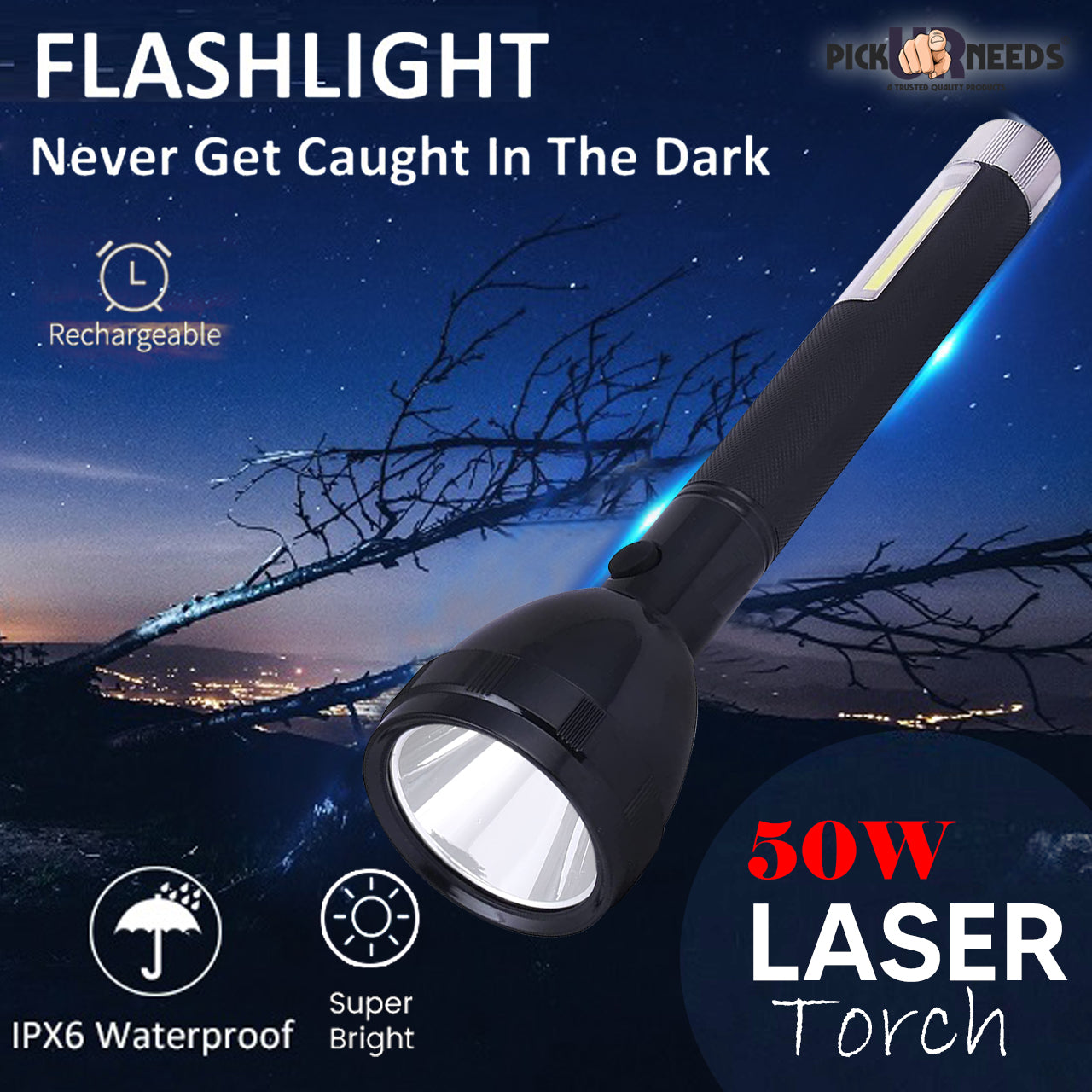 Pick Ur Needs Lithium Battery Long Range Led torch Light Rechargeable with 2000mAh Battery Torch (Black, 27 cm, Rechargeable)