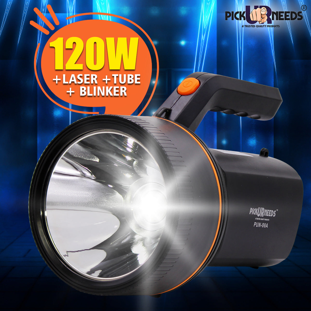Pick Ur Needs Emergency with Multi-Functional Long Range Search Rechargeable Handheld Light Blinker Torch, 120W, 9000mAh Lithium Battery (Black)
