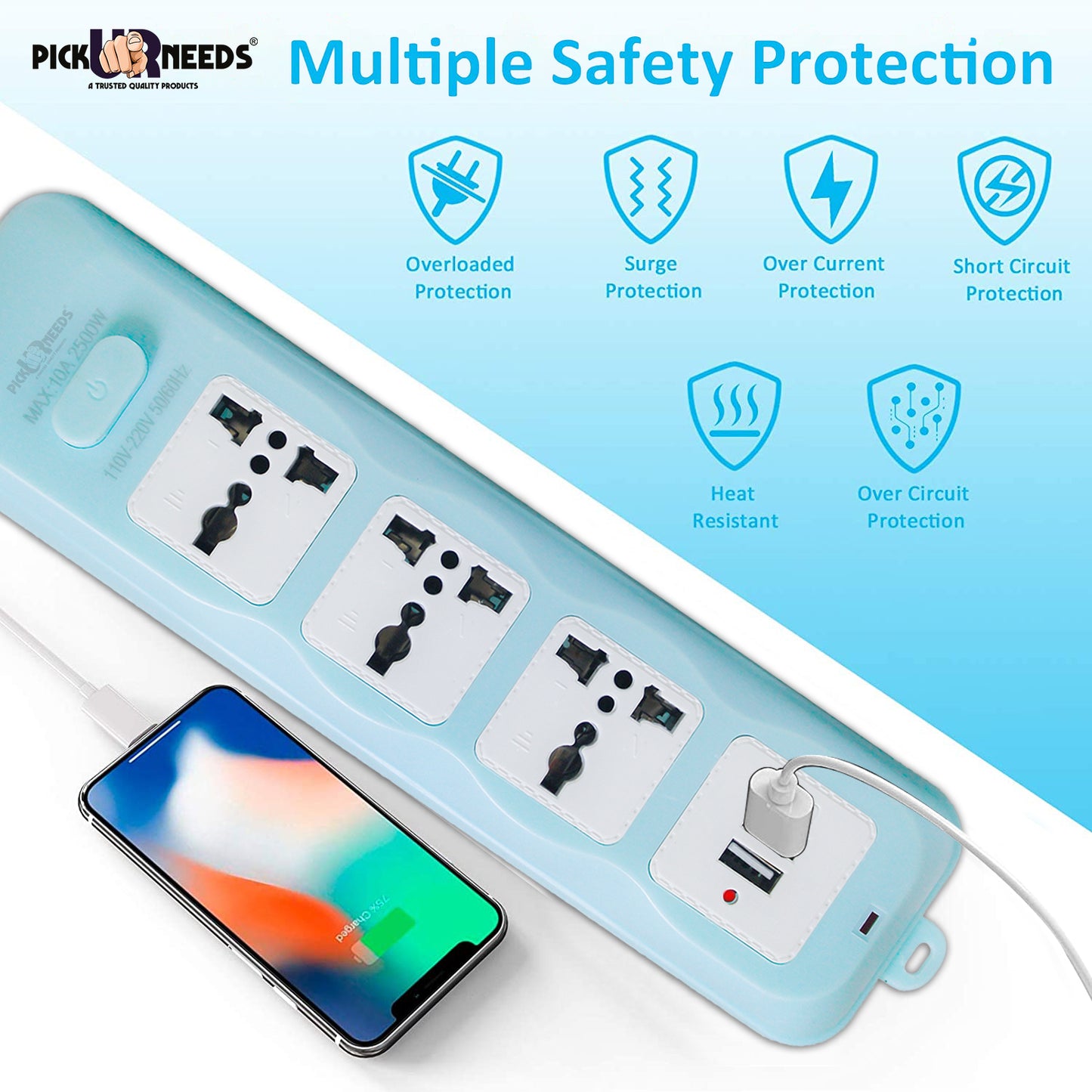 Pick Ur Needs Extension Cord 10A 3 -Way Board with 2 USB Socket 3 Socket Extension Boards for Multi Use