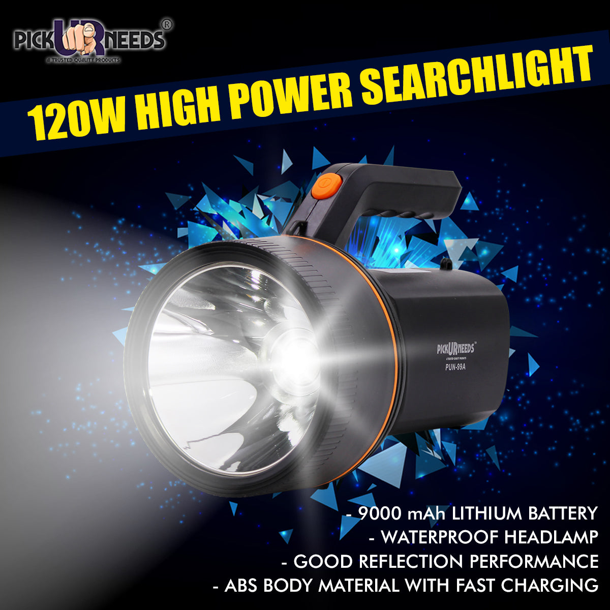 Pick Ur Needs Emergency with Multi-Functional Long Range Search Rechargeable Handheld Light Blinker Torch, 120W, 9000mAh Lithium Battery (Black)