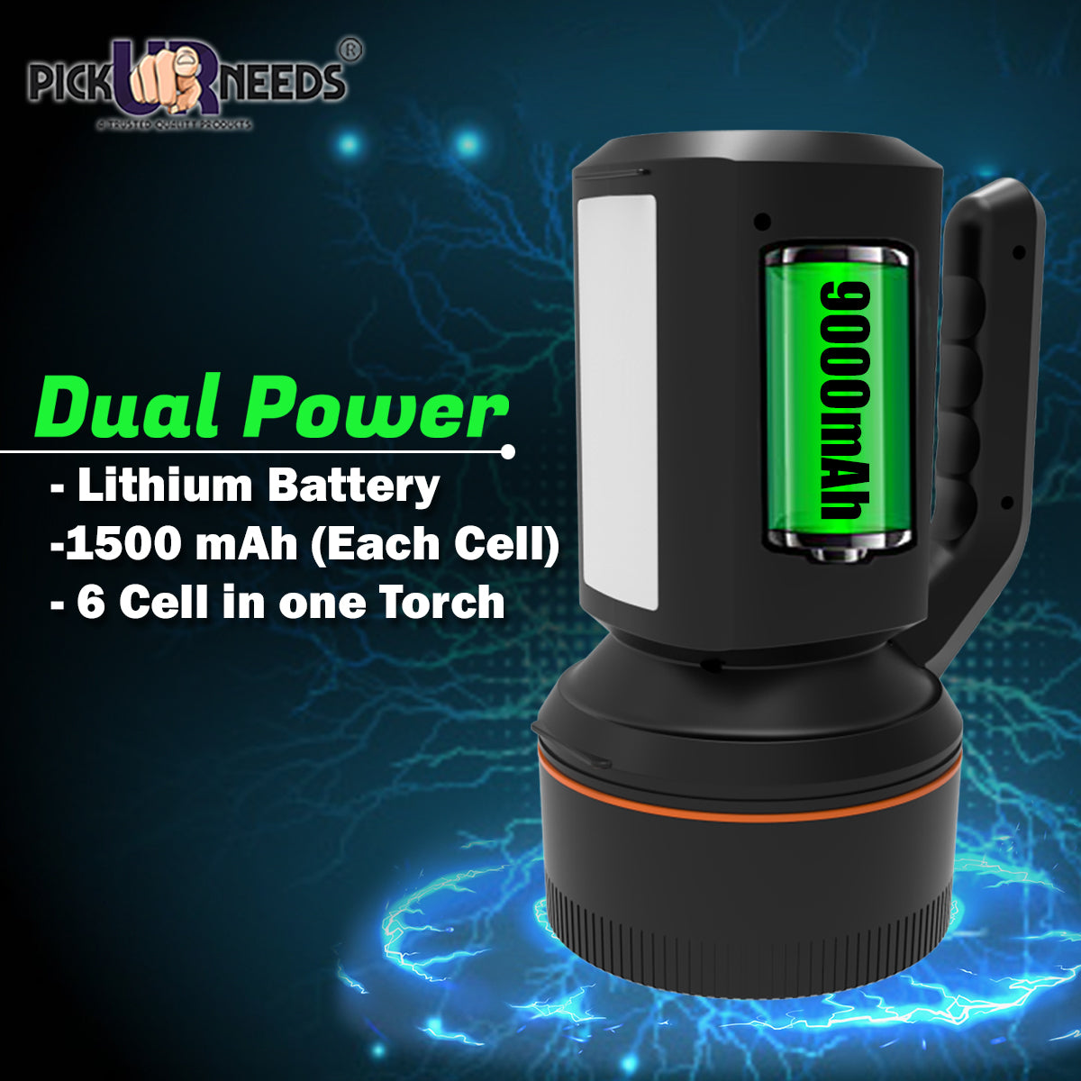Pick Ur Needs Emergency with Multi-Functional Long Range Search Rechargeable Handheld Light Blinker Torch, 120W, 9000mAh Lithium Battery (Black)