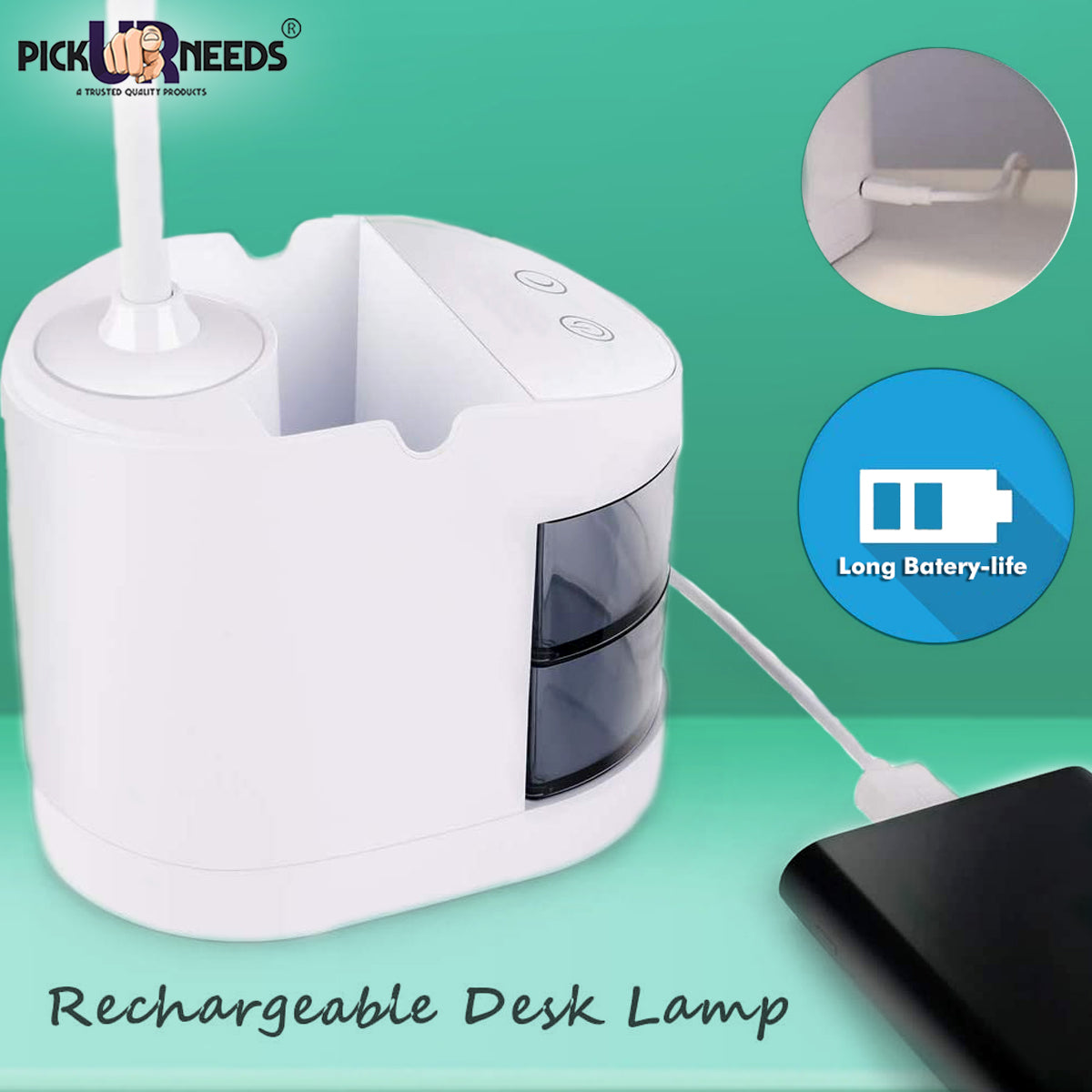 Pick Ur Needs Rechargeable LED Eye-Caring Table Desk Lamp/Study Lamp With USB Charging Cable
