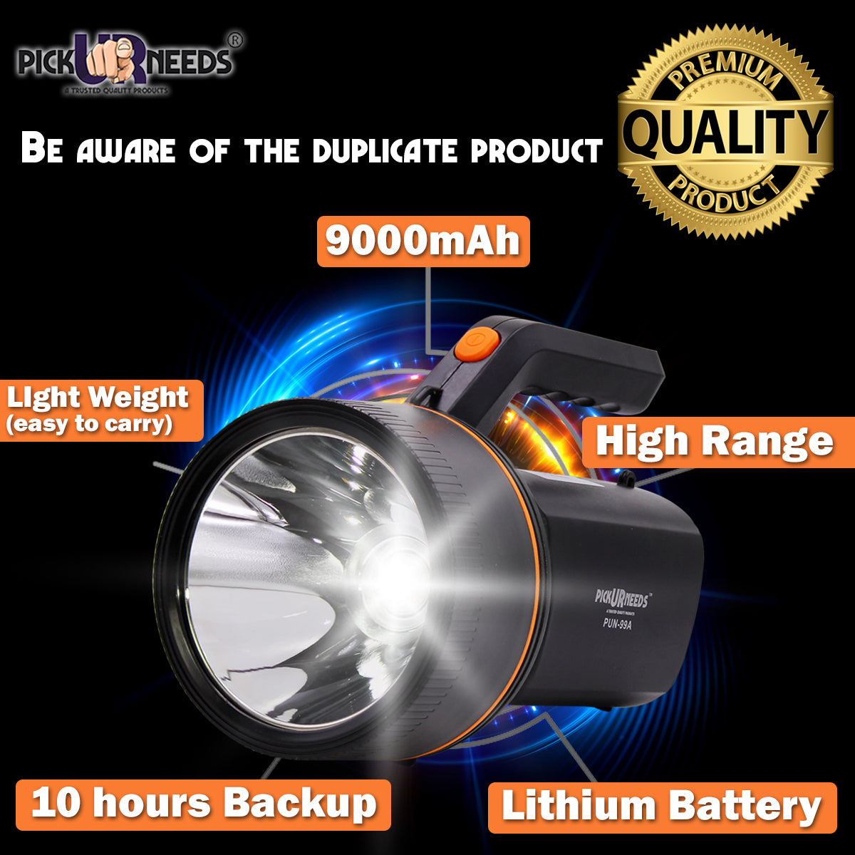 Pick Ur Needs Emergency with Multi-Functional Long Range Search Rechargeable Handheld Light Blinker Torch, 120W, 9000mAh Lithium Battery (Black)