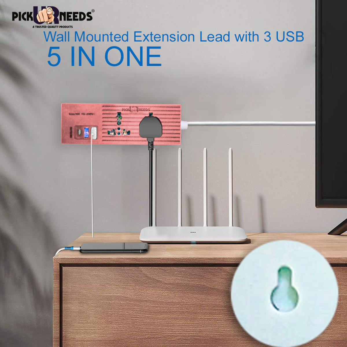 Pick Ur Needs Extension Cord 10A with Universal 2 Socket & 3 USB Port Extension Boards for Multiple Use
