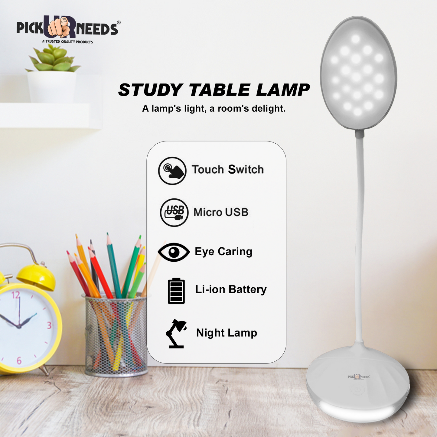 Pick Ur Needs Rechargeable LED Table Desk Lamp Light Touch Sensor 3 Level Brightness Dimmable Study Lamp  (11 cm, White)