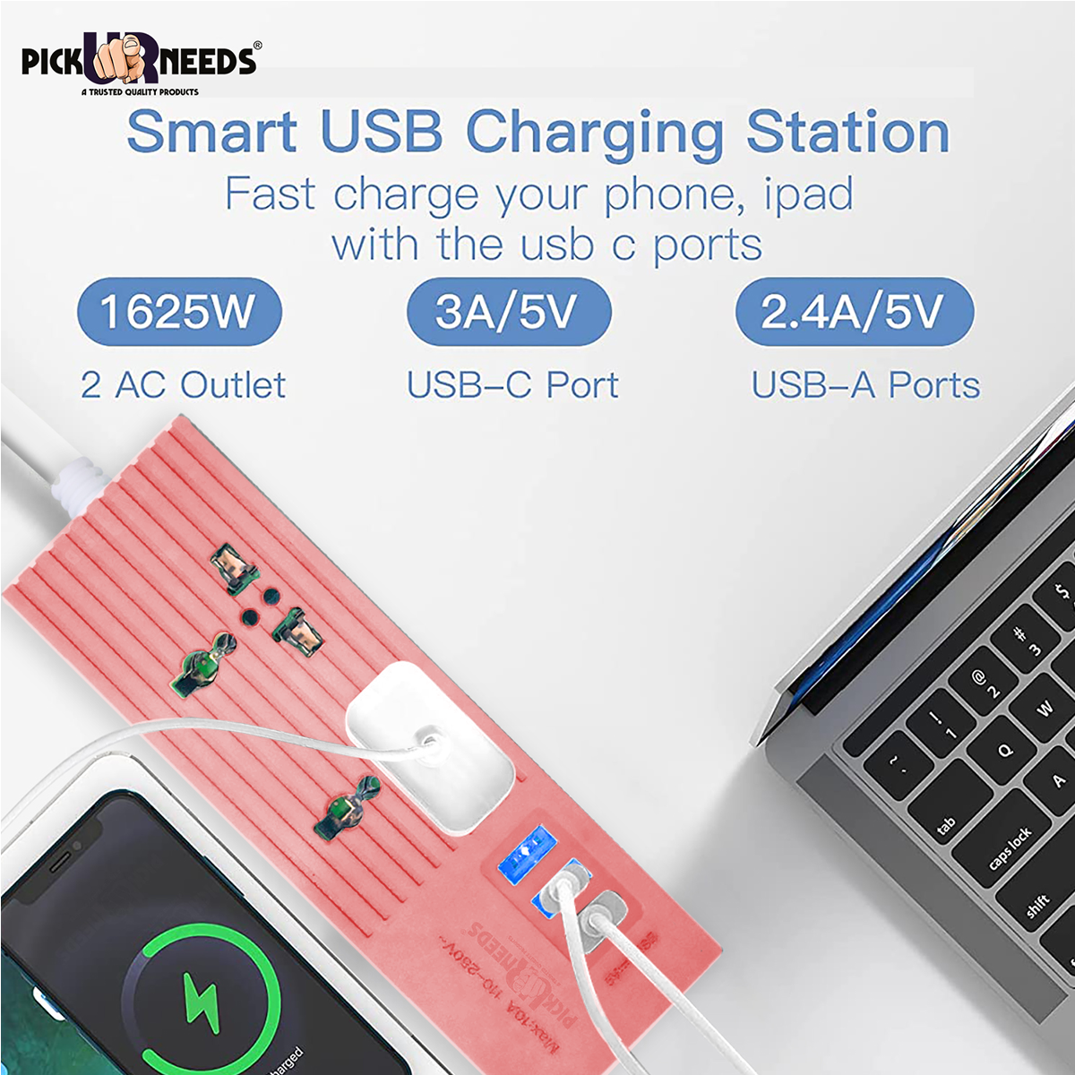 Pick Ur Needs Extension Cord 10A with Universal 2 Socket & 3 USB Port Extension Boards for Multiple Use