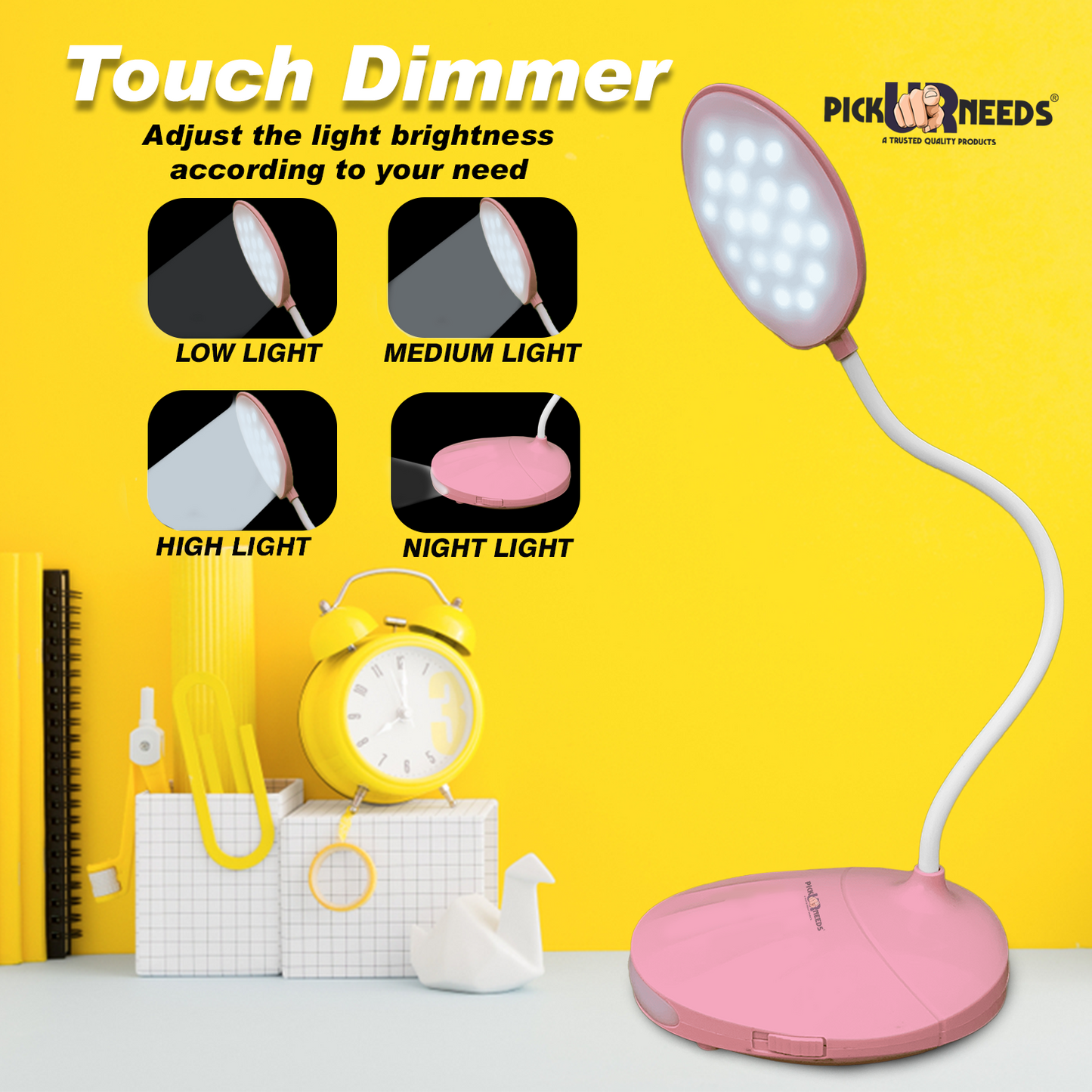 Pick Ur Needs Rechargeable LED Table Lamp Touch Sensor 3 Modes Brightness Study Light Table Lamp  (11 cm, Pink)