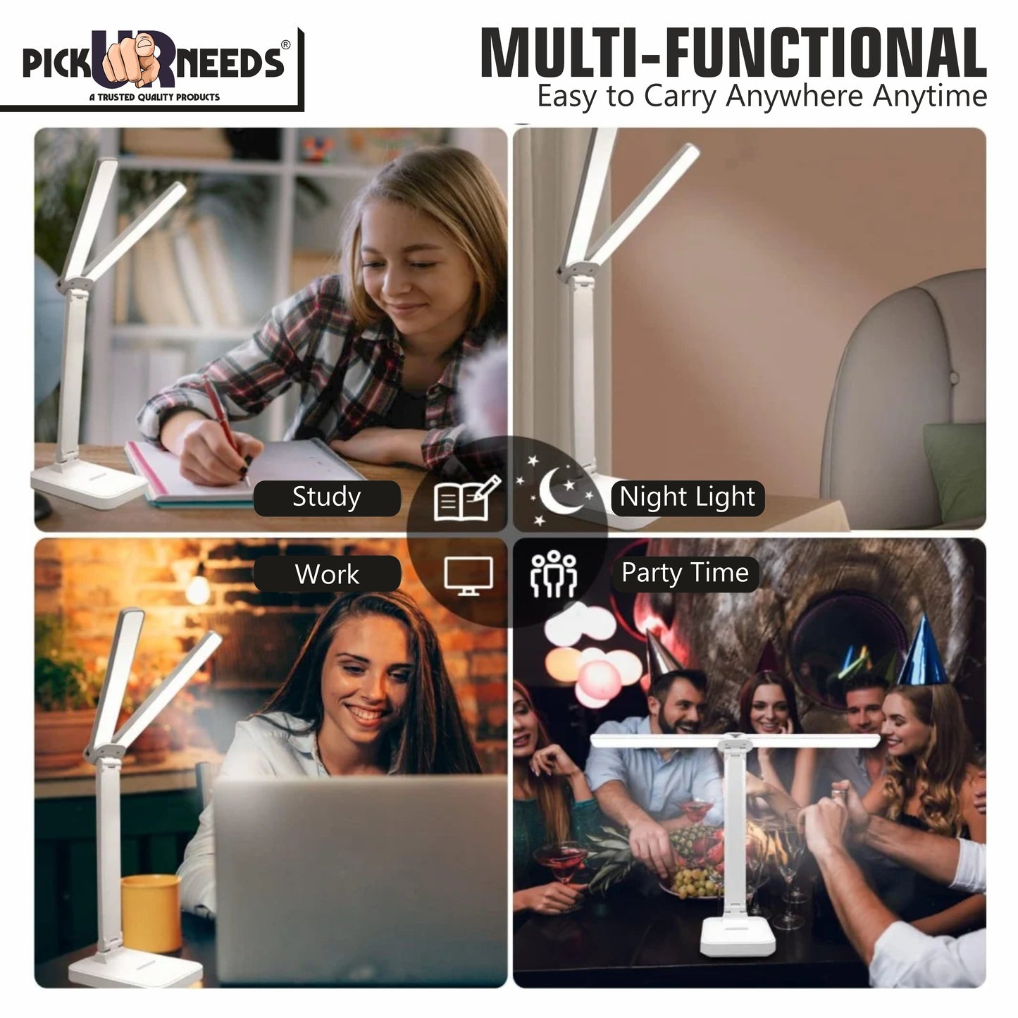 Pick Ur Needs Rechargeable 180° Foldable Table Lamp 3 Light Mode With Adjustable Brightness Study Lamp  (26 cm, White)