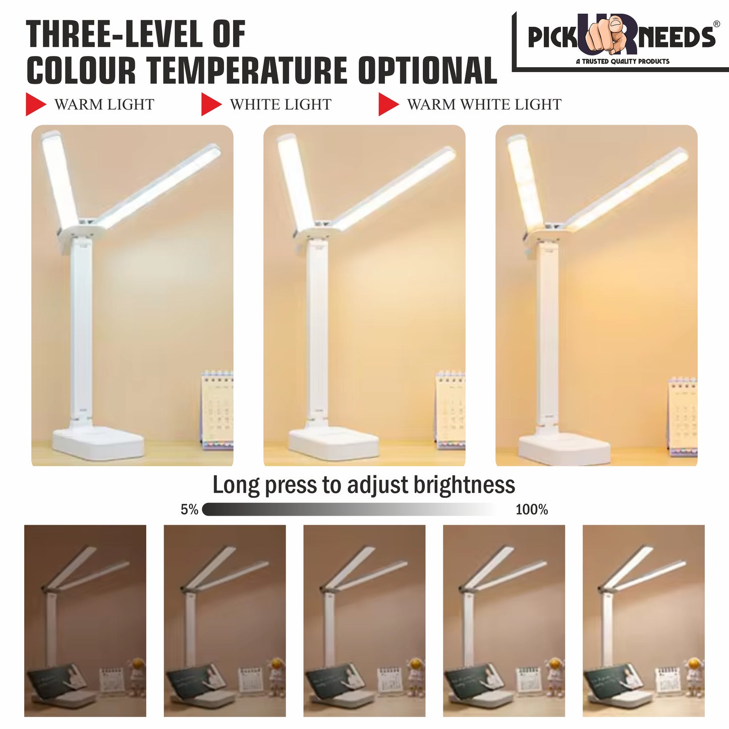 Pick Ur Needs Rechargeable 180° Foldable Table Lamp 3 Light Mode With Adjustable Brightness Study Lamp  (26 cm, White)