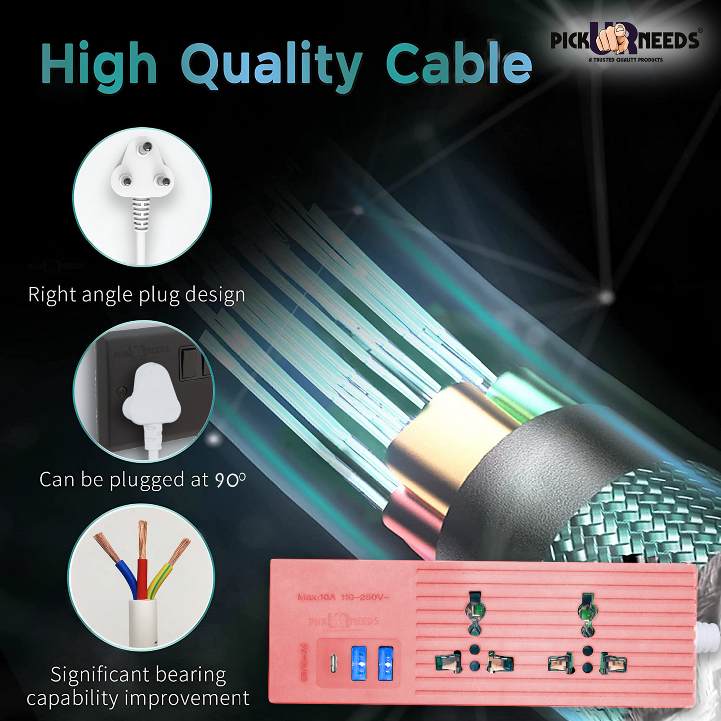 Pick Ur Needs Extension Cord 10A with Universal 2 Socket & 3 USB Port Extension Boards for Multiple Use