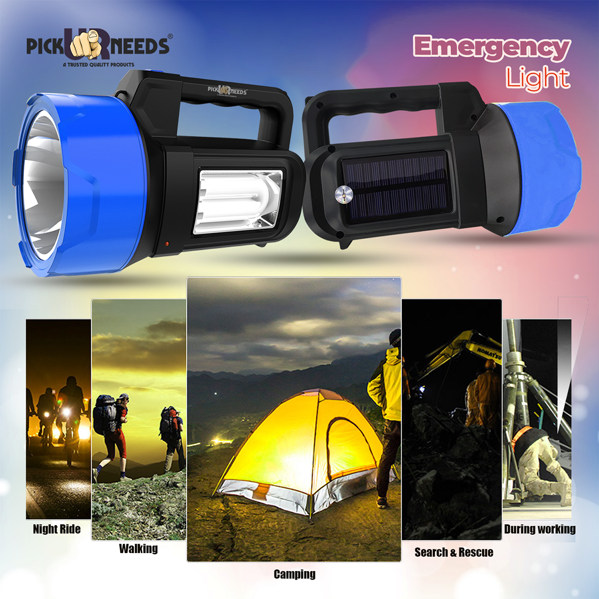 Pick Ur Needs Solar Rechargeable Emergency LED Search Long Range Torch Light 100W Tube with Blinker